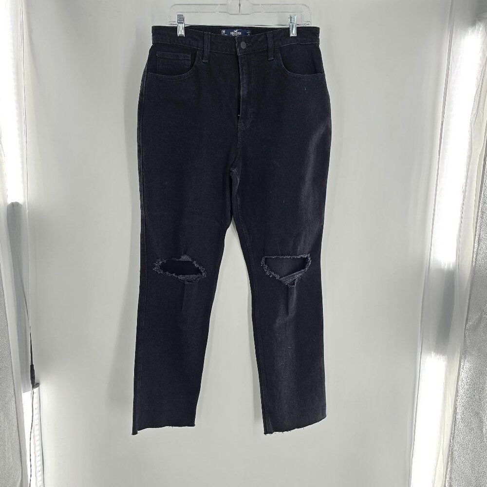 Hollister Ultra High Rise 90 Vintage Straight Jeans Black Ripped Knee Raw Cut 31